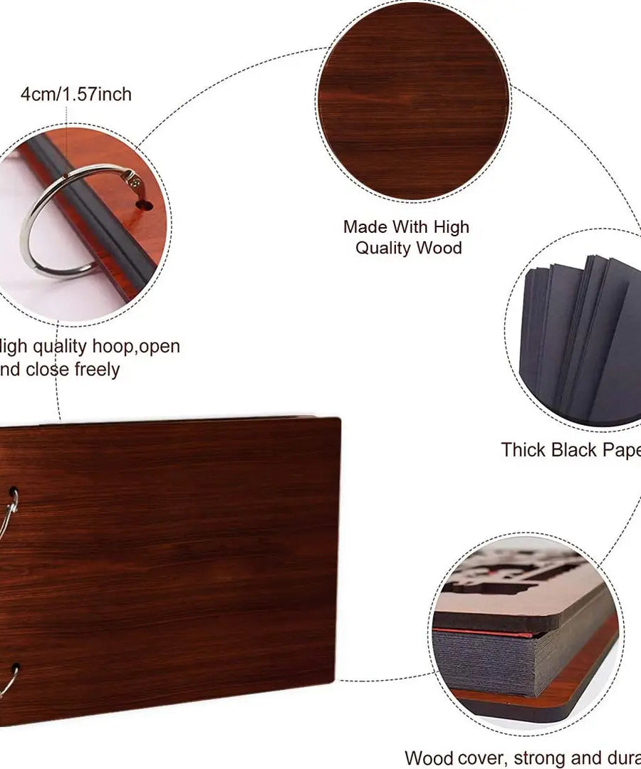 Classic Wooden Scrapbook Photo Albums (SelfLove-P) Large Size (22x16)Cm| Scrap Books for Memories | 40 Black Papers