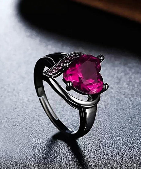 Valentine Love Blood Pink Heart Shape Diamond Ring for Girl And Women Stainless Steel Cubic Zirconia Black Silver Plated Ring