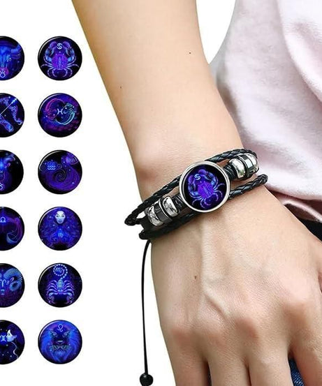Zodiac Constellation Braided Design Black Leather Bracelet Adjustable