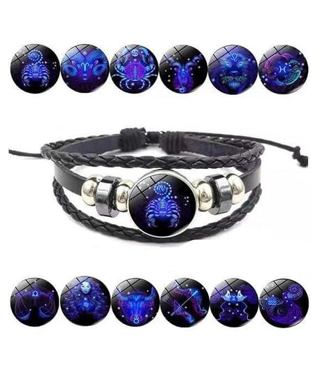 Zodiac Constellation Braided Design Black Leather Bracelet Adjustable