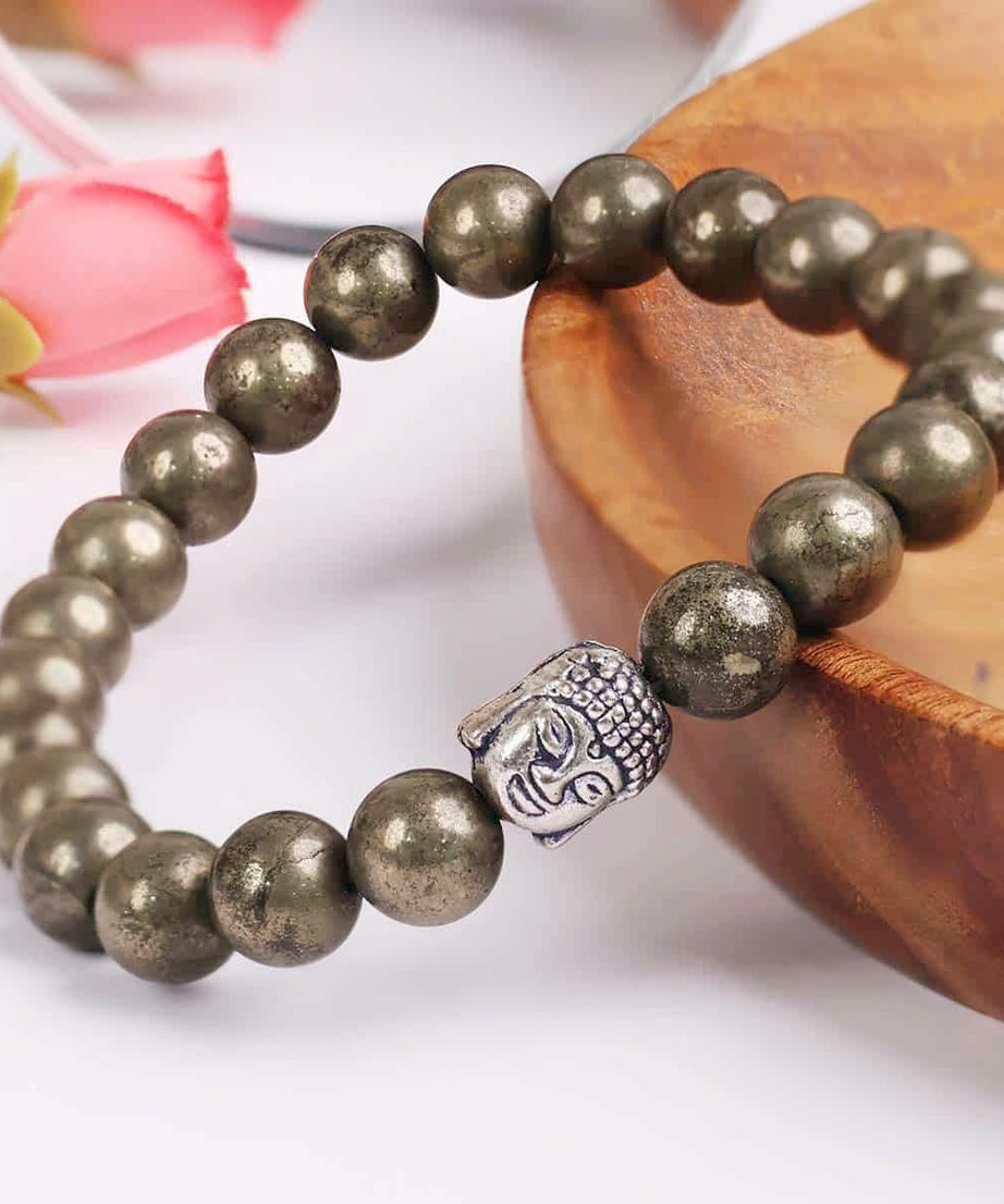 Unisex Pyrite Elastic Bracelet with Lucky Charm