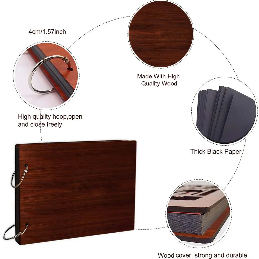 Classic Wooden Scrapbook Photo Albums (SelfLove-P) Large Size (22x16)Cm| Scrap Books for Memories | 40 Black Papers