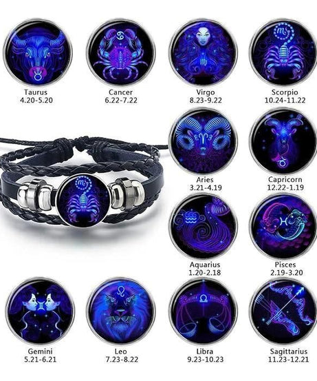 Zodiac Constellation Braided Design Black Leather Bracelet Adjustable