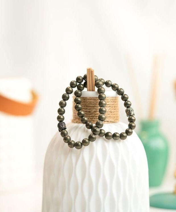 Unisex Pyrite Elastic Bracelet with Lucky Charm