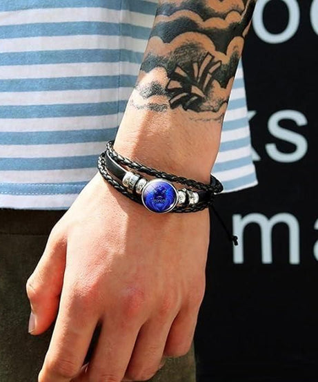 Zodiac Constellation Braided Design Black Leather Bracelet Adjustable