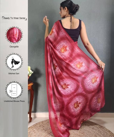 Leemboodi Ready to Wear Geometric Print, Printed Bollywood Georgette Saree (Orange, Maroon)