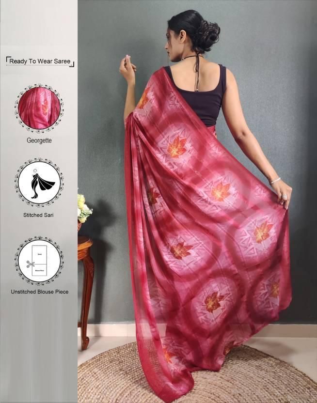 Leemboodi Ready to Wear Geometric Print, Printed Bollywood Georgette Saree (Orange, Maroon)