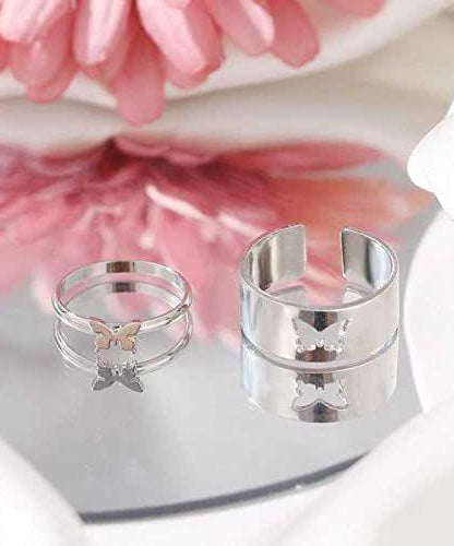 Pretty Silver Butterfly Matching Wrap Finger Couple Ring