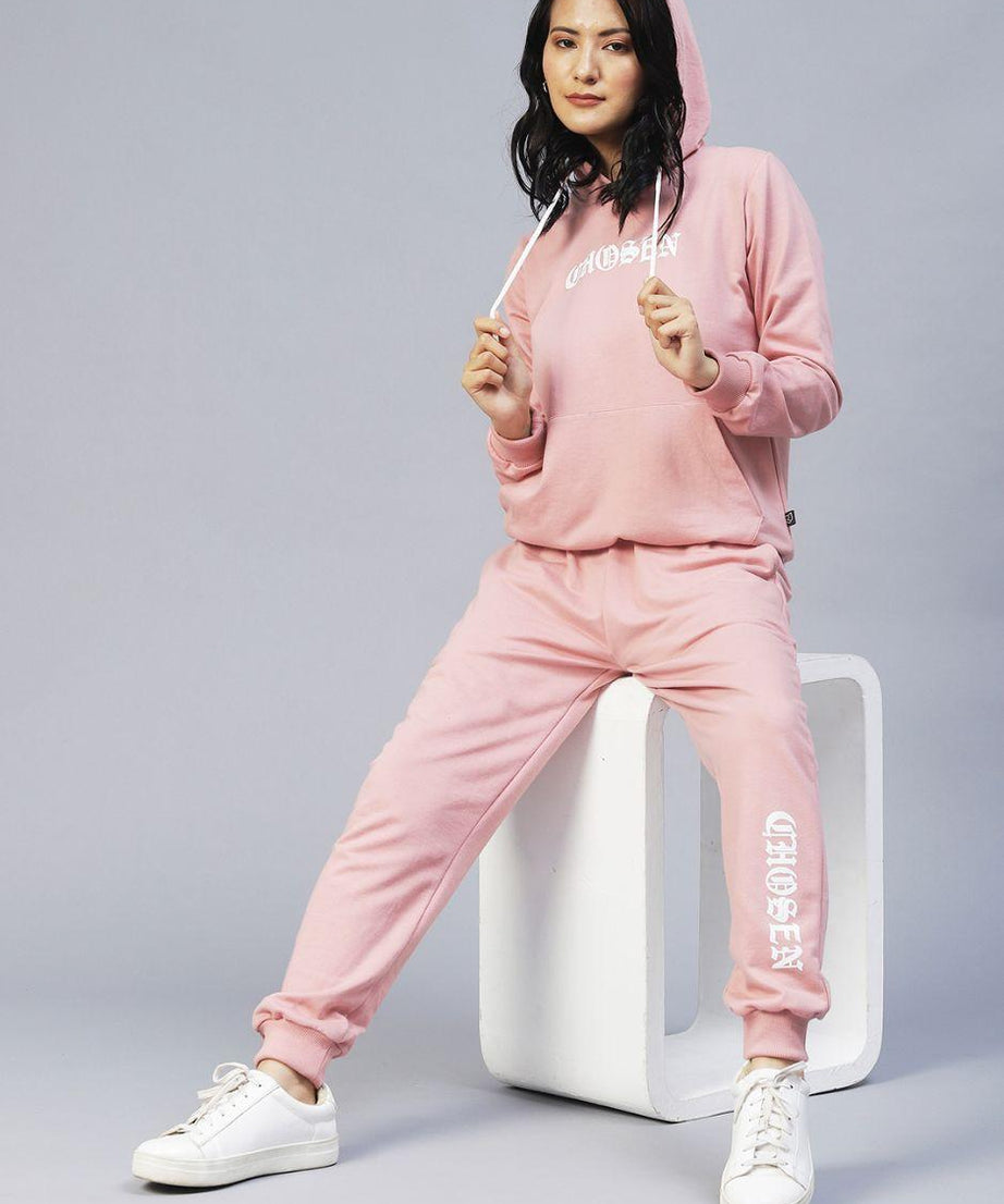 Rigo Women's Cotton Peach Typography Print Hooded Tracksuit