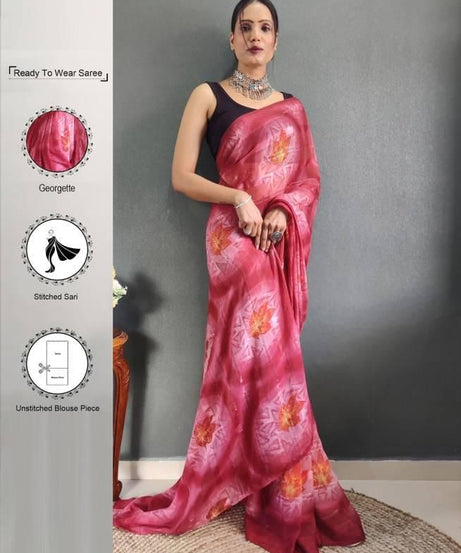 Leemboodi Ready to Wear Geometric Print, Printed Bollywood Georgette Saree (Orange, Maroon)