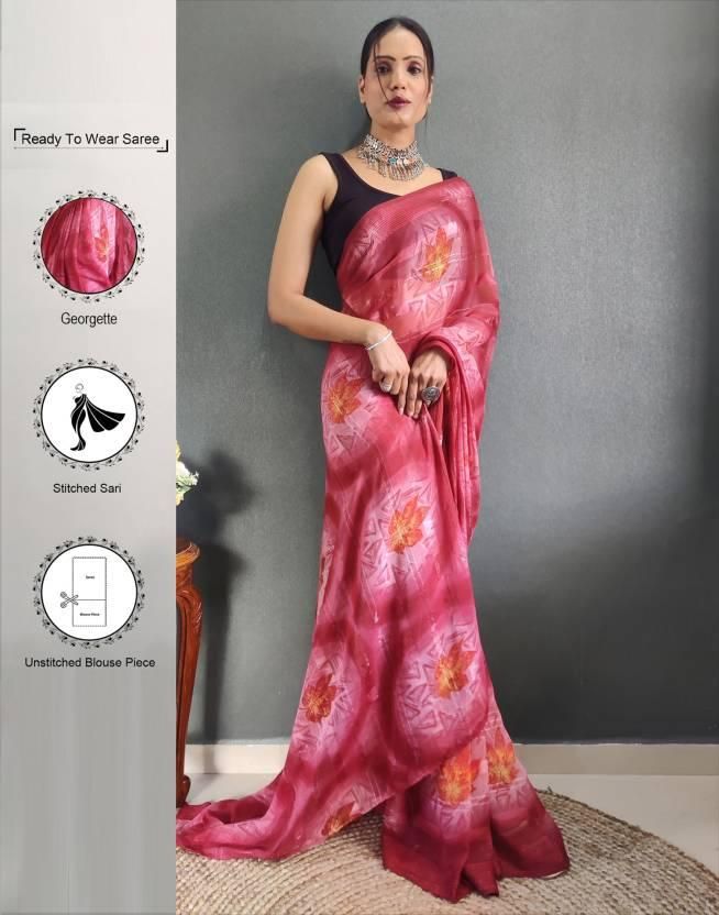 Leemboodi Ready to Wear Geometric Print, Printed Bollywood Georgette Saree (Orange, Maroon)