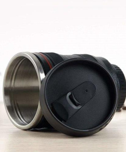 Plastic Camera Lens Shaped Coffee Mug With Lid, 350ml (Black)
