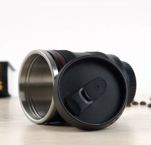 Plastic Camera Lens Shaped Coffee Mug With Lid, 350ml (Black)