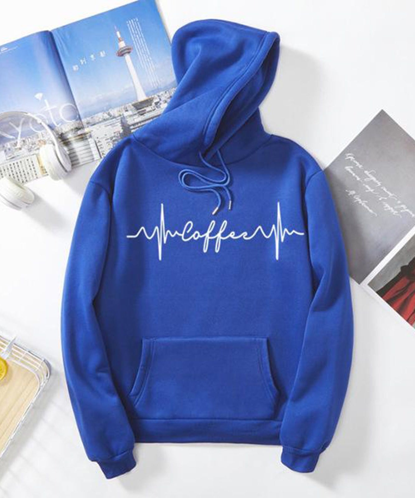 Popster Royal Blue Printed Fleece Hoody Regular Fit Long Sleeve Womens Sweatshirt