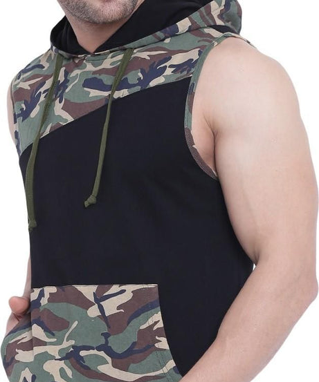 Gritstones Cotton Blend Printed Sleeveless Hooded Neck Mens  T-Shirt