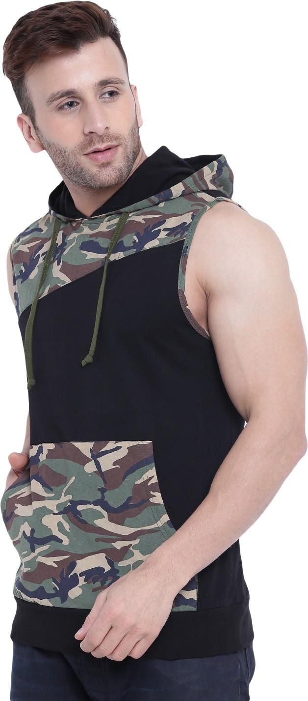 Gritstones Cotton Blend Printed Sleeveless Hooded Neck Mens  T-Shirt