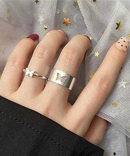Pretty Silver Butterfly Matching Wrap Finger Couple Ring