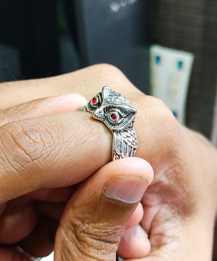 Saizen Silver Rings for Men Owl Face Ring