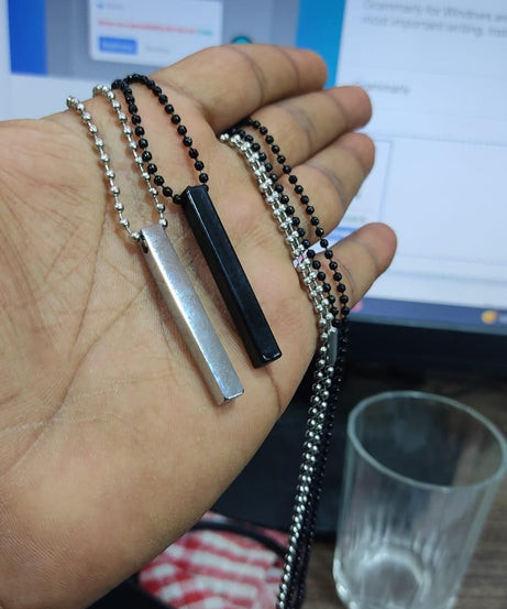 Stylish Silver- Black 3D Vertical Bar Cuboid Stick Locket Pendant Necklace Silver, Rhodium Alloy Locket Set