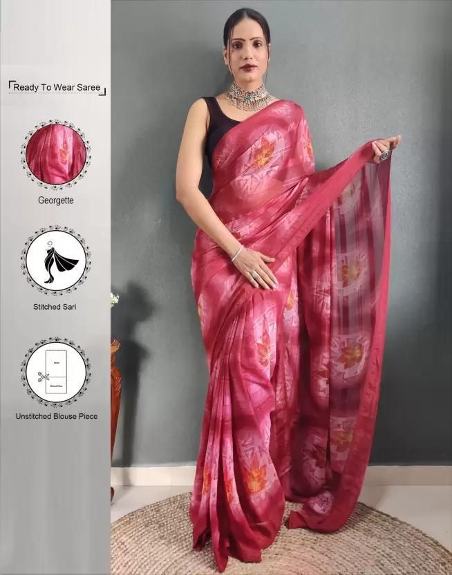 Leemboodi Ready to Wear Geometric Print, Printed Bollywood Georgette Saree (Orange, Maroon)