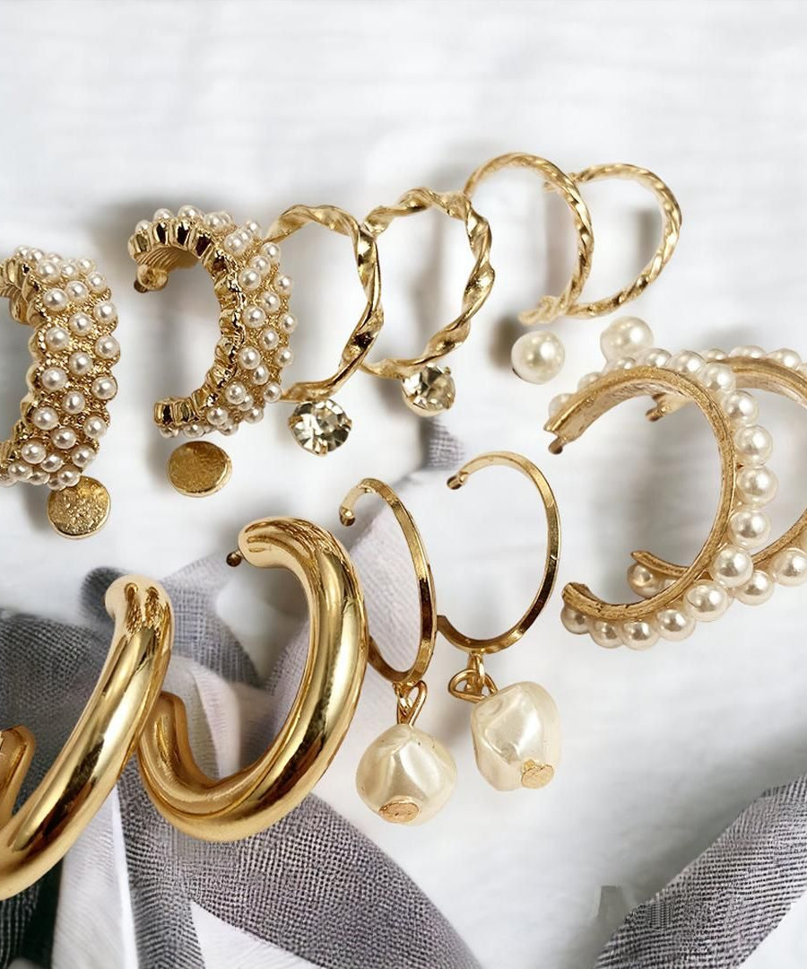 AVR JEWELS Combo Of 9 Stunning Gold Plated Pearl Studs and Hoop Earrings