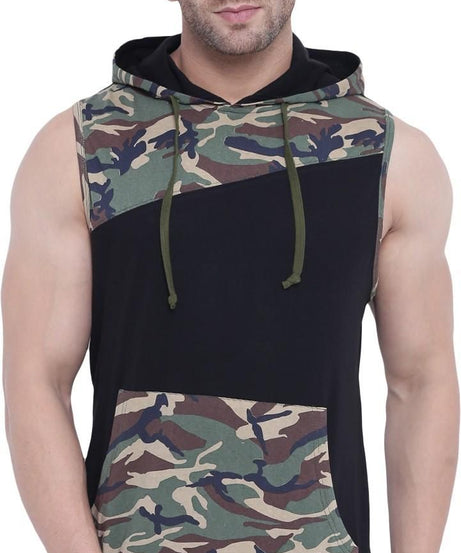 Gritstones Cotton Blend Printed Sleeveless Hooded Neck Mens  T-Shirt
