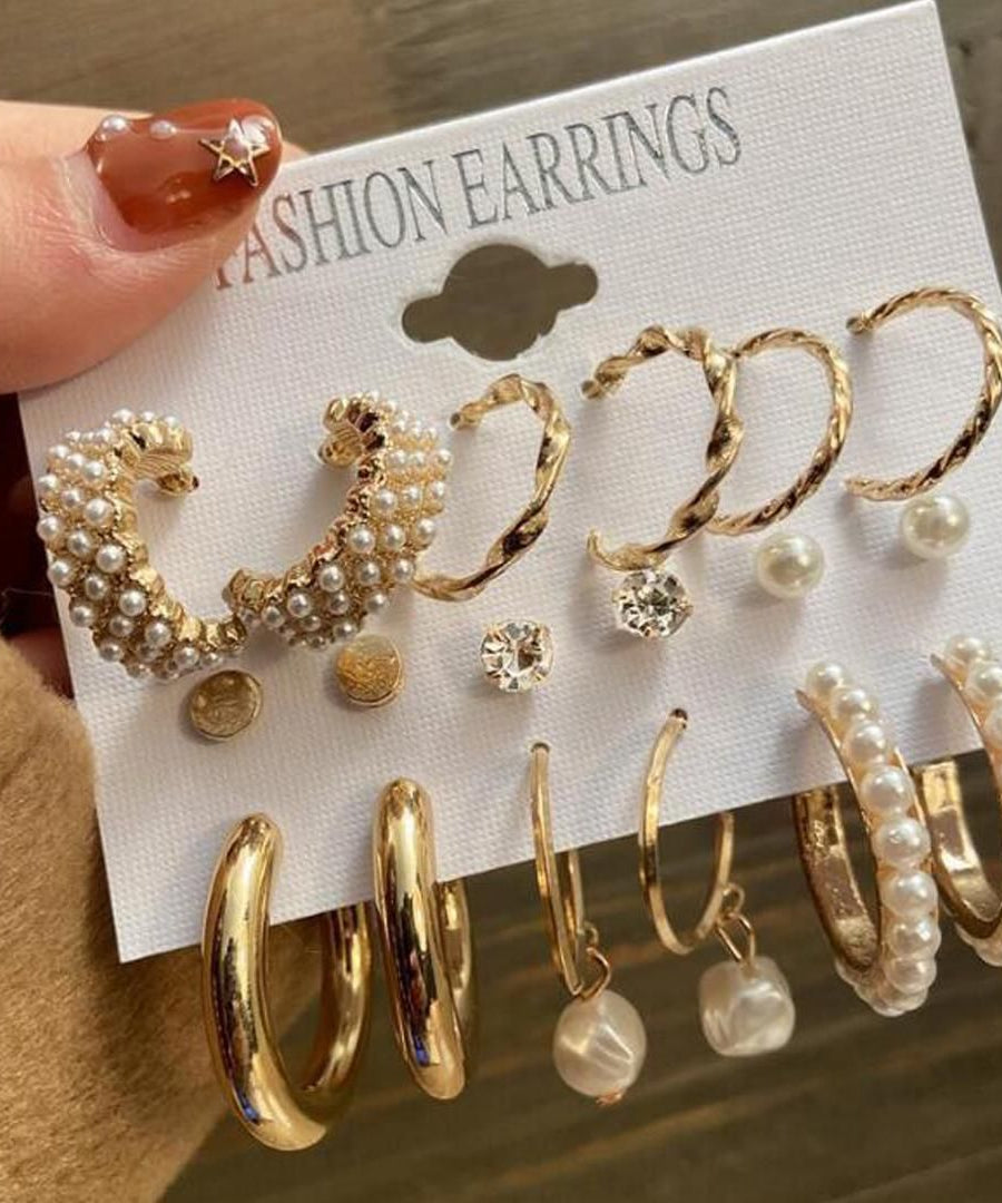 AVR JEWELS Combo Of 9 Stunning Gold Plated Pearl Studs and Hoop Earrings
