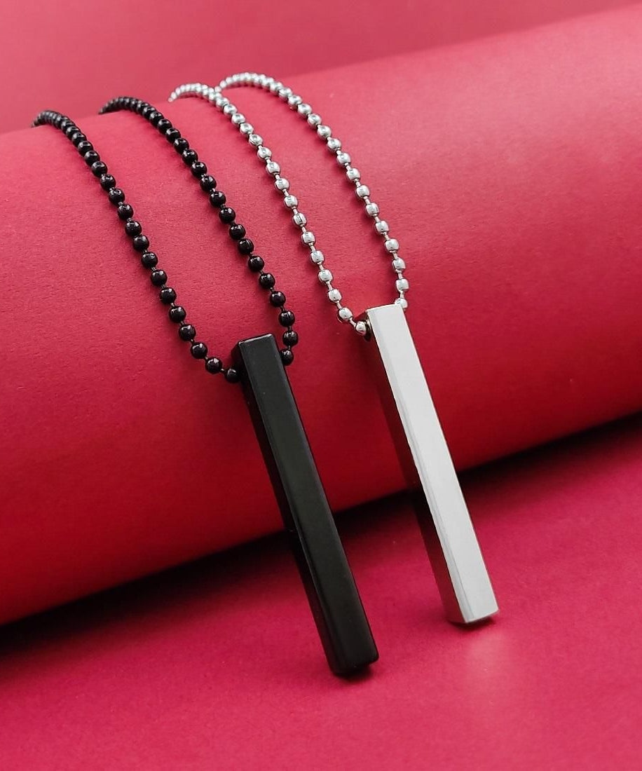 Stylish Silver- Black 3D Vertical Bar Cuboid Stick Locket Pendant Necklace Silver, Rhodium Alloy Locket Set