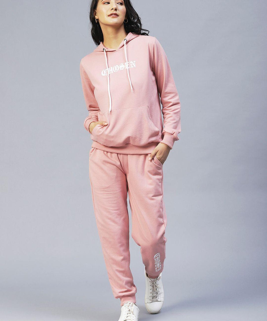 Rigo Women's Cotton Peach Typography Print Hooded Tracksuit