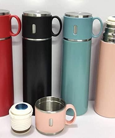 Flask-Vacuum Insulated Double Wall Stainless Steel Bottle for Hot & Cold Water- 500 ml with Set of 2 Cups Ideals for Gifting and Travel Friendly,
