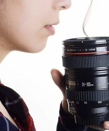 Plastic Camera Lens Shaped Coffee Mug With Lid, 350ml (Black)