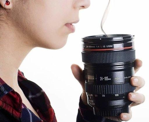 Plastic Camera Lens Shaped Coffee Mug With Lid, 350ml (Black)