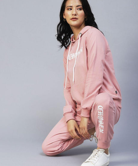 Rigo Women's Cotton Peach Typography Print Hooded Tracksuit