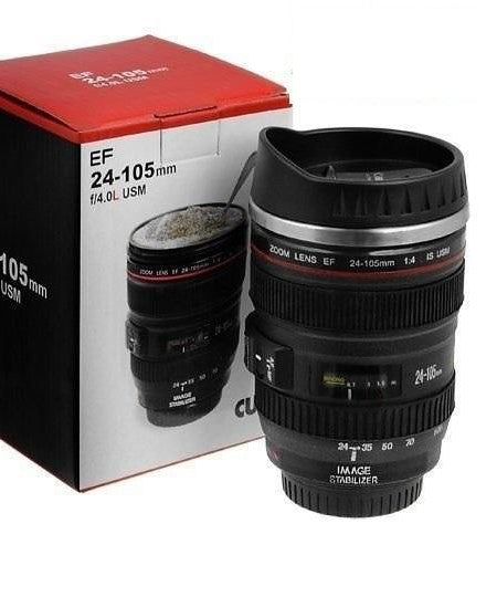 Plastic Camera Lens Shaped Coffee Mug With Lid, 350ml (Black)