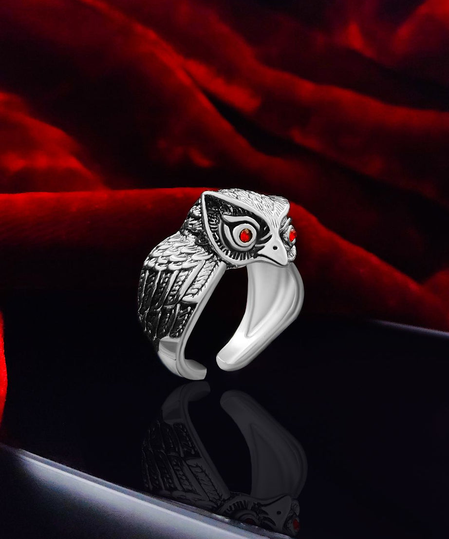 Saizen Silver Rings for Men Owl Face Ring